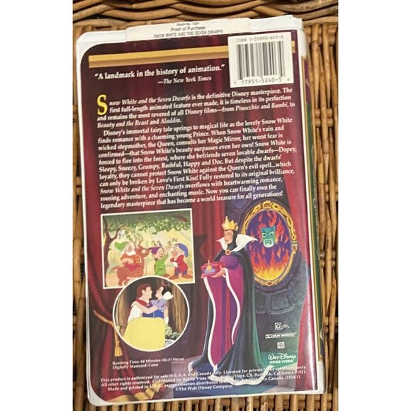 Snow White and the Seven Dwarfs VHS Walt Disney's Masterpiece Collection - Picture 2 of 4